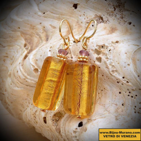 Boucles d'oreilles or jaune en verre de murano de venise