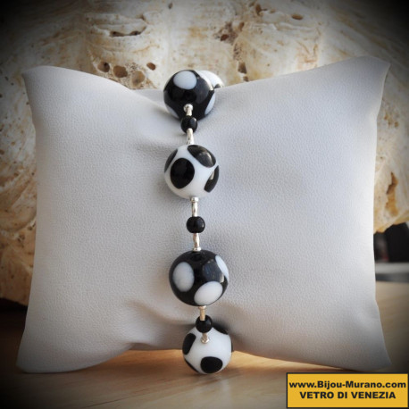 Crystal bracelet-white polka dots black genuine murano glass of venice