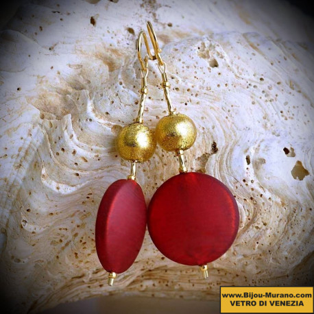 Fancy red satin earrings in real glass of murano in venice