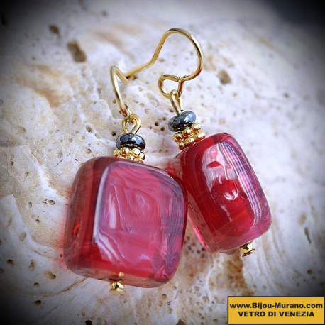 Candy red earrings in real glass of murano