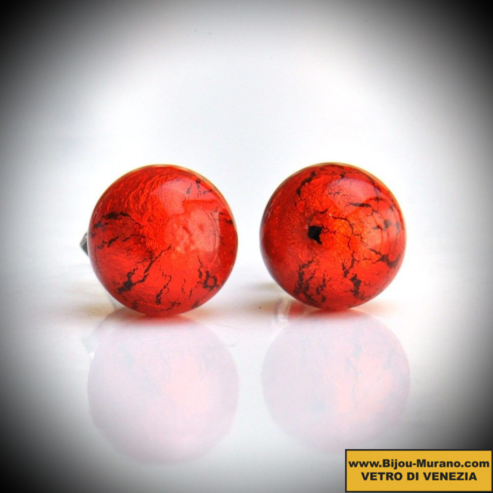 Earrings stud red orange genuine murano glass of venice