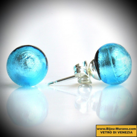 Boucles d'oreilles clou bleu azur en veritable verre de murano de venise