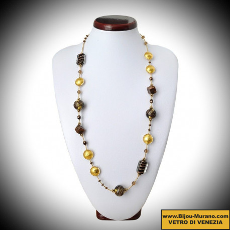 Antico porto fenicio oro lunga collana di gioielli in vetro di murano bariole marrone