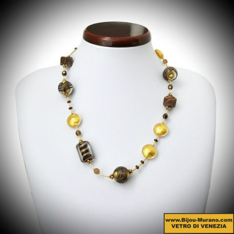 Ancient phoenician port gold necklace jewelry, murano glass bariole brown