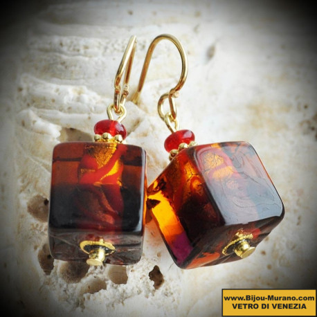 Cube two-tone amber earrings murano glass amber and red