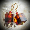 Cube two-tone amber earrings murano glass amber and red