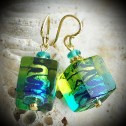 Two-Tone Green Cube Green and Blue Murano Glass Earrings