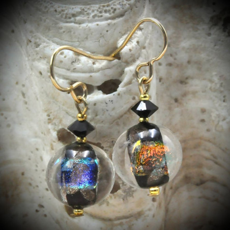 Chiaro di luna noir boucles d'oreilles en veritable verre de murano de venise