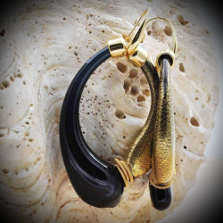 Black and Gold Hoop Earrings with Genuine Hand-Blown Murano Glass from Venice