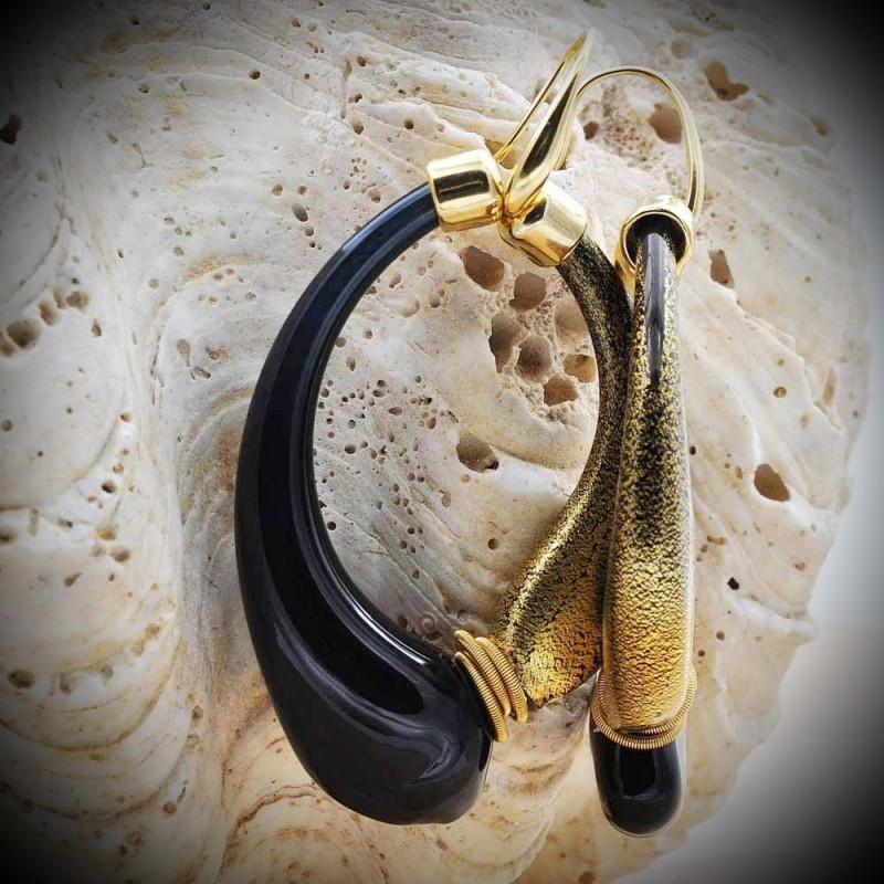 Black and Gold Hoop Earrings with Genuine Hand-Blown Murano Glass from Venice Black and Gold Hoop Earrings with Genuine Hand-Blown Murano Glass from Venice
