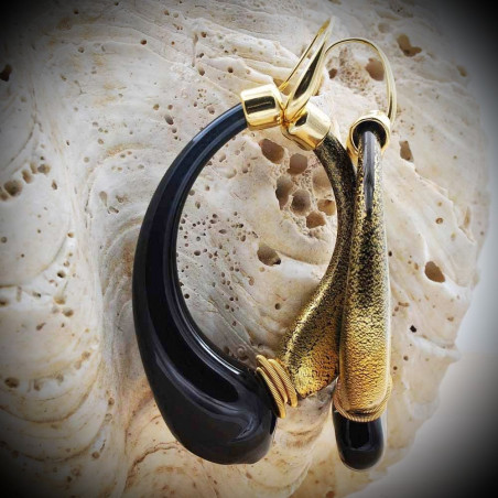 Black and Gold Hoop Earrings with Genuine Hand-Blown Murano Glass from Venice