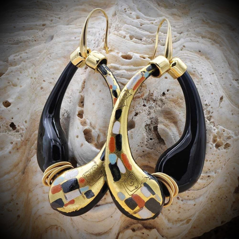 Mio Klimt – Black and Gold Hoop Earrings in Genuine Blown Murano Glass from Venice Mio Klimt – Black and Gold Hoop Earrings in Genuine Blown Murano Glass from Venice