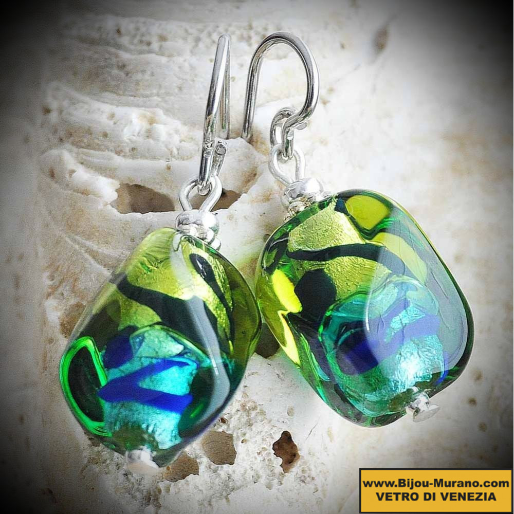 Sasso two-tone green earrings, murano glass green and blue