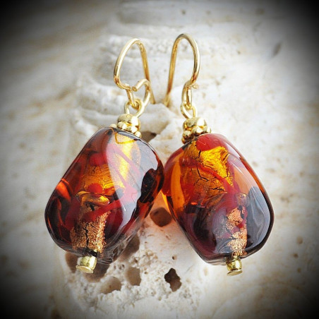 boucles d'oreilles en verre de murano ambre et rouge