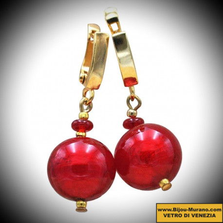 Ball rouge - boucles d'oreilles rouge dormeuse bijoux en veritable verre de murano de venise