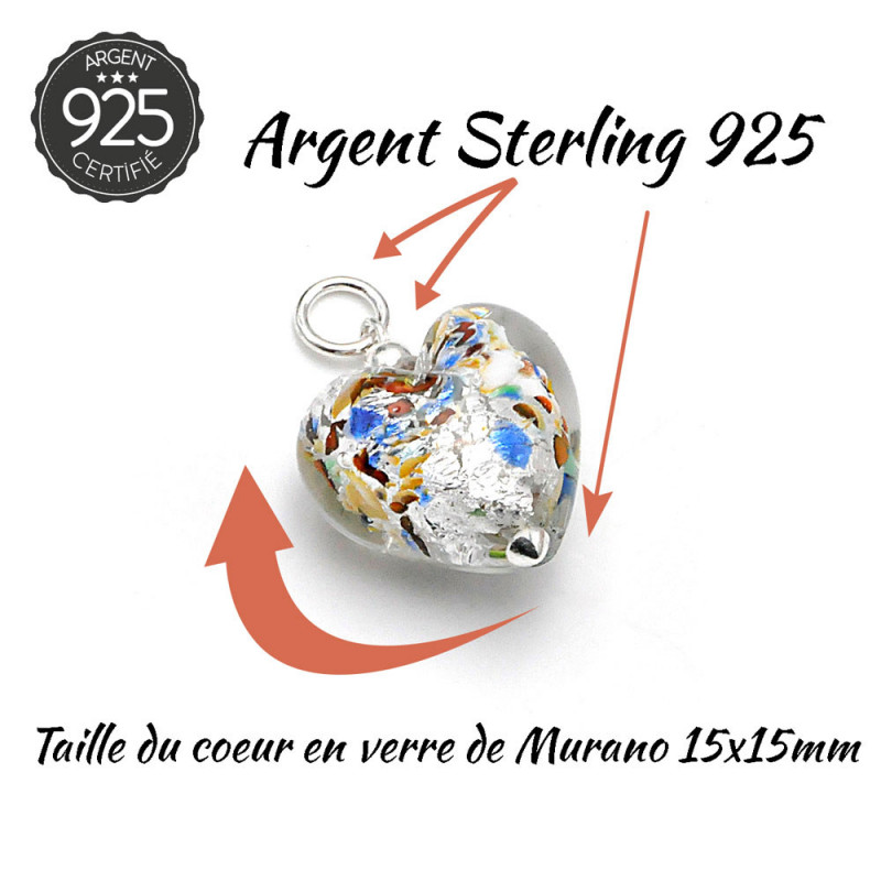 Ciondolo cuore micro argento multicolore vetro di murano