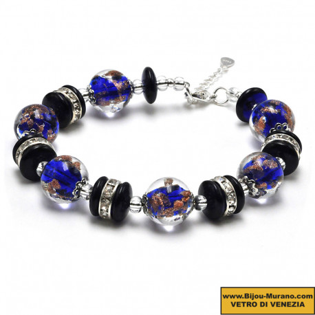 Blue cobalt and aventurine murano glass bracelet in real venice glass