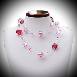 Collana argento e rosa lunga in vetro di murano di venezia