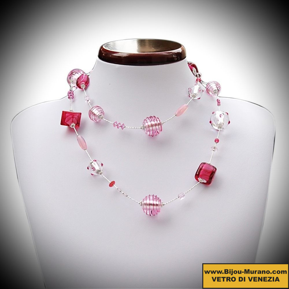 Collana saliscendi con perle fatta a mano in vetro di Murano rosa pastello