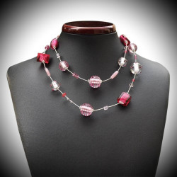 Collana di jo-jo lunga argento e rosa lunga in vetro di murano di venezia