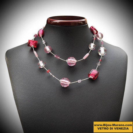 Necklace jo-jo long silver and pink long murano glass of venice