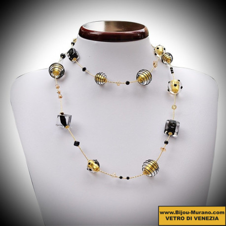 Necklace in murano glass venetian black and gold long