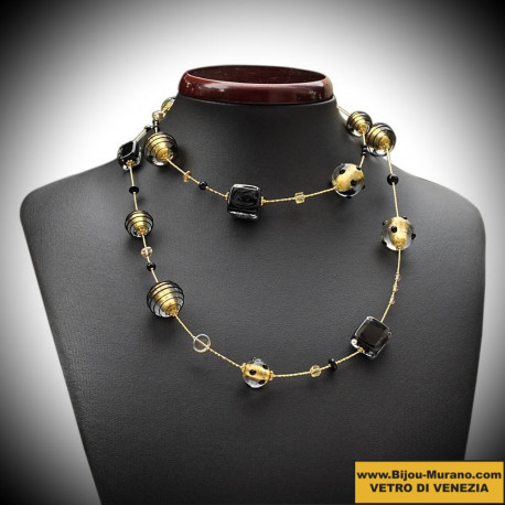 Necklace black and gold long murano glass of venice