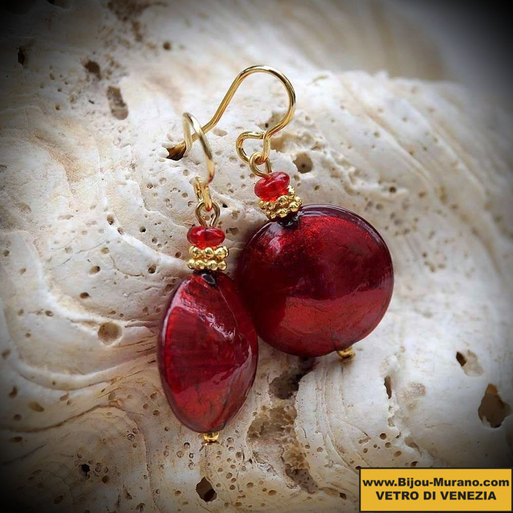 Earrings, murano glass venetian pastiglia red