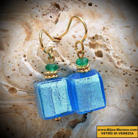 Earrings blue aquamare gold in murano glass of venice
