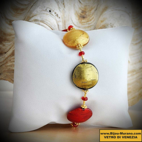 Bracelet en veritable verre de murano rouge et or de venise