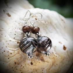 Earrings in murano glass, beads degraded ancient phoenician port colorful brown and silver