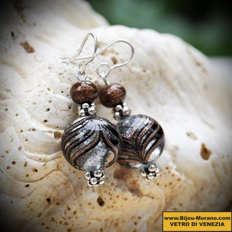 Earrings in murano glass, beads degraded ancient phoenician port colorful brown and silver