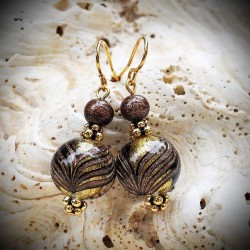 Boucles d'oreilles en véritable verre de murano, billes dégradés fenicio bariolés marron et or