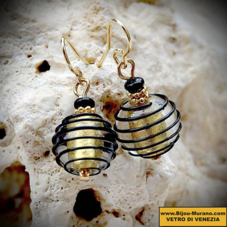 Earrings genuine murano glass black and gold of venice