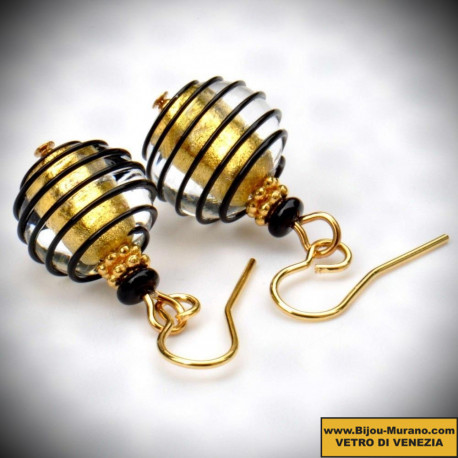 Earrings black and gold genuine murano glass of venice