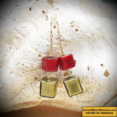 Earrings in real glass of murano cubes of red and gold