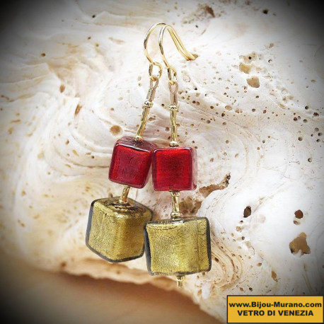 Earrings cubes of red and gold genuine murano glass
