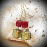 Earrings cubes of red and gold genuine murano glass