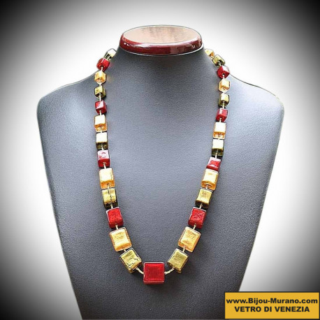 Necklace cubes of red and oren genuine murano glass of venice