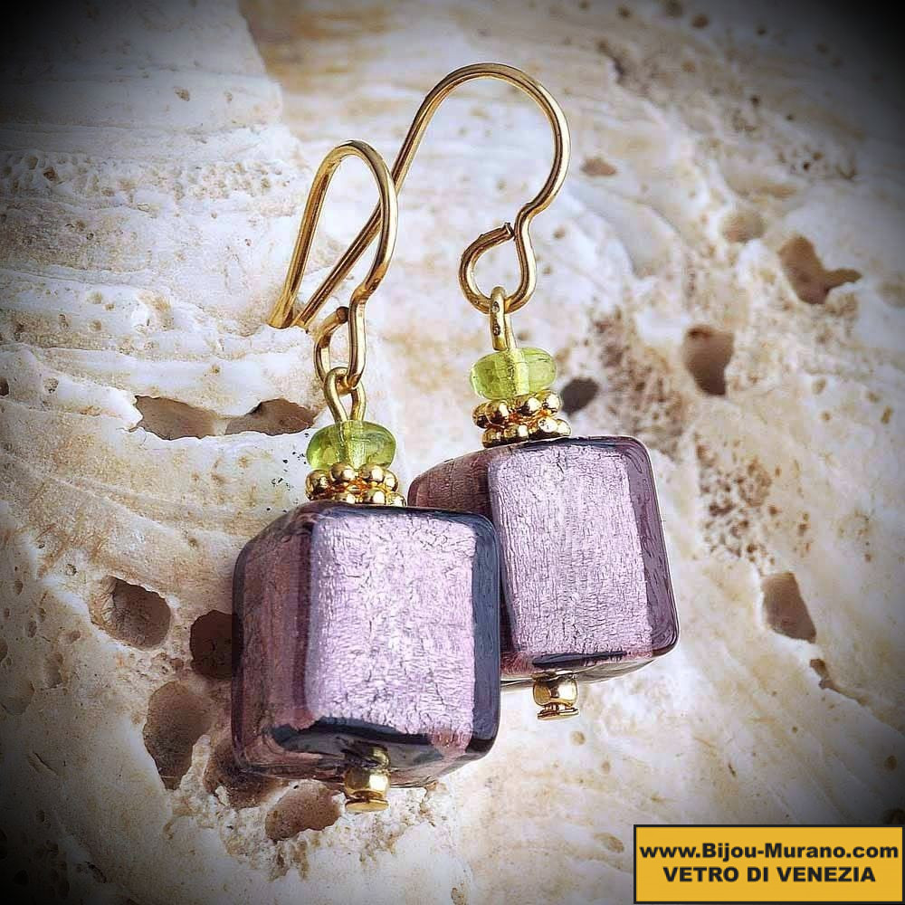 Ocean of purple and gold earrings in real glass of murano in venice
