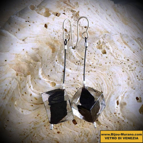 Tango earrings, dangling beads black cube in glass of murano in venice