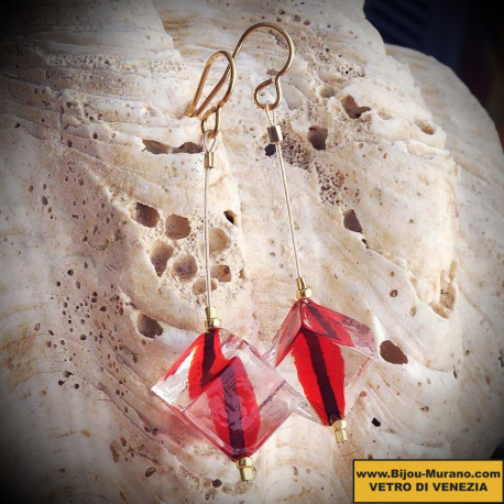 Tango boucles d'oreilles pendantes perles cube rouge en verre de murano de venise